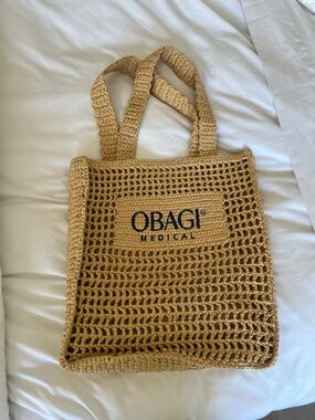 Obagi Crochet Straw Tote Bag with Navy Logo